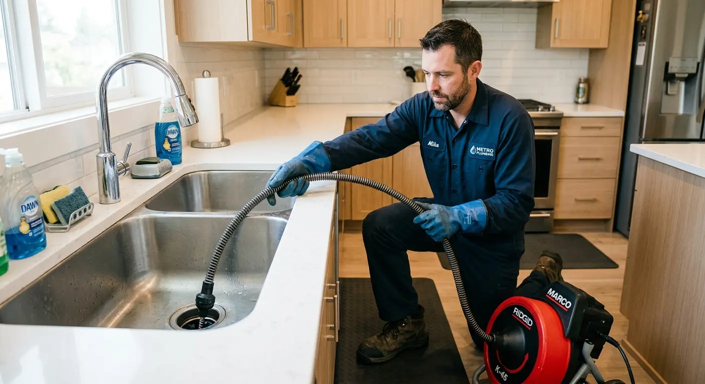 Drain cleaning technician using a motorized snake on a kitchen sink in Navasota