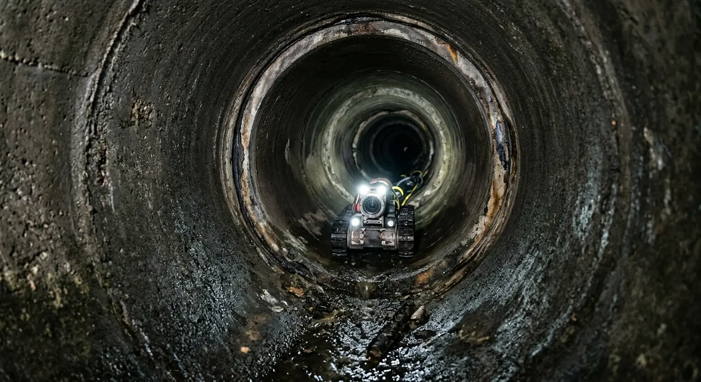 Robotic sewer camera inspecting pipe interior for Sewer Line Cleaning in Navasota