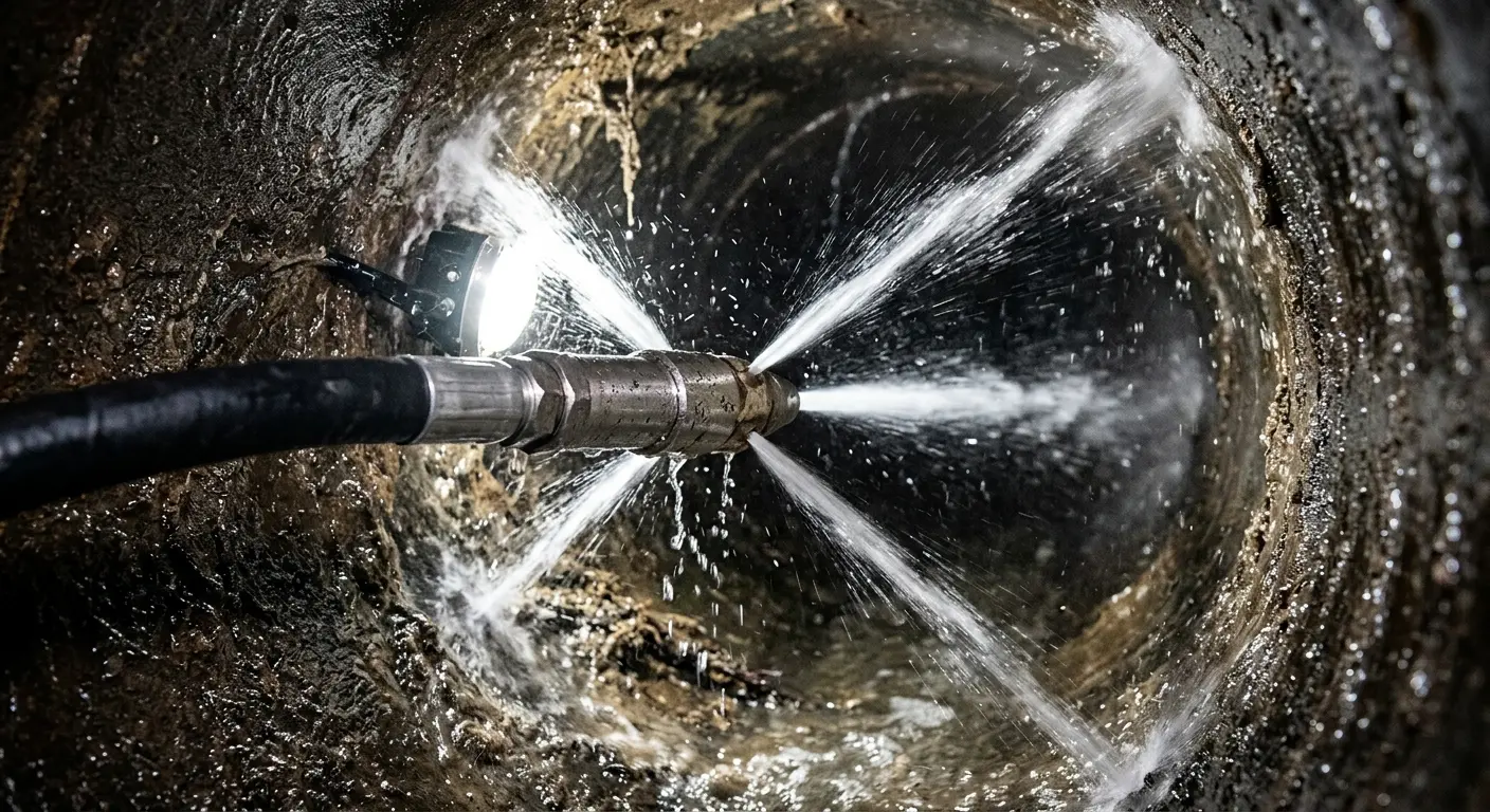 High-pressure hydro jetting nozzle cleaning sewer pipe for Emergency Drain Service in Navasota