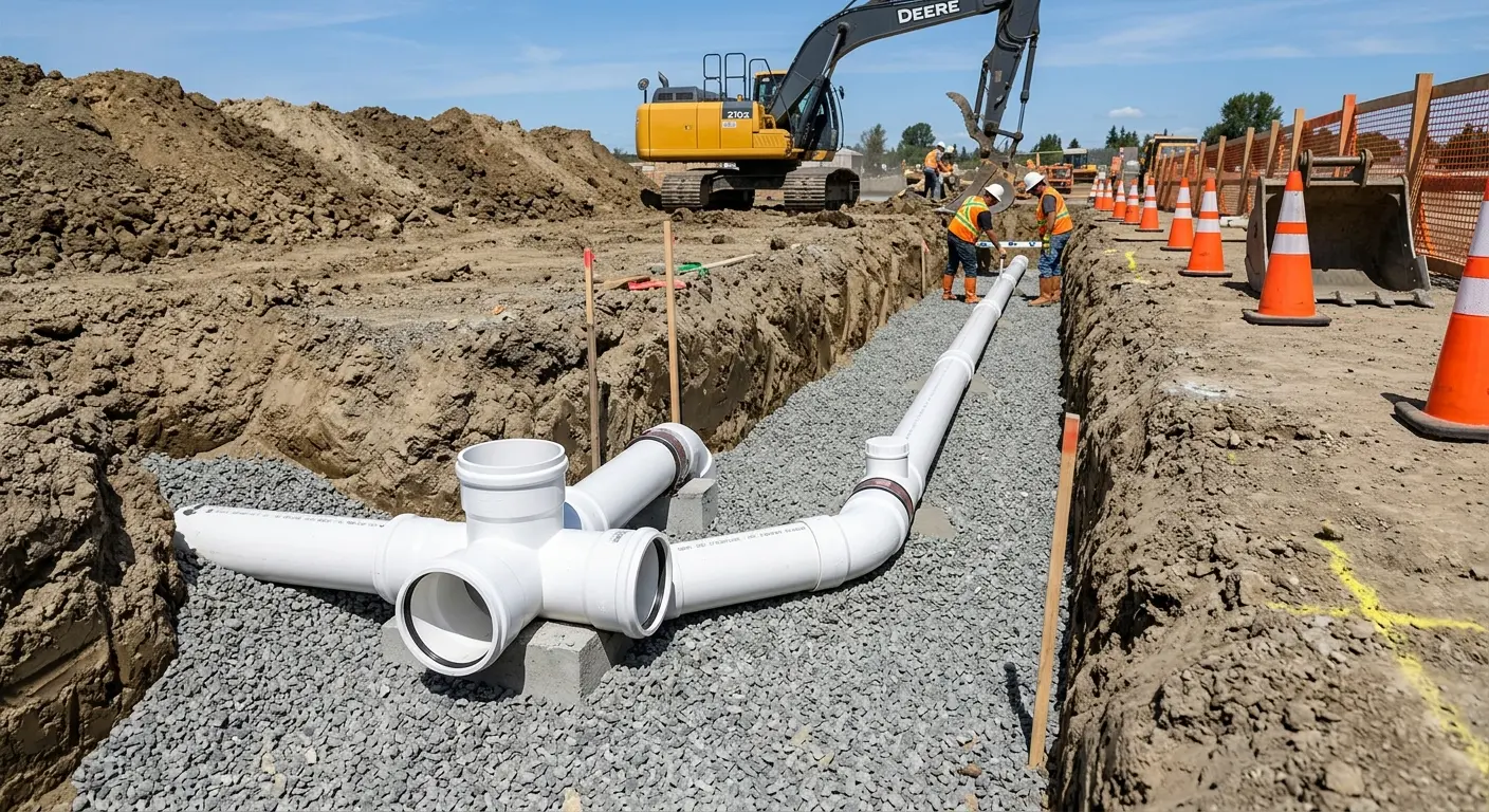 New PVC sewer pipe installation in open trench for Commercial Drain Cleaning in Navasota