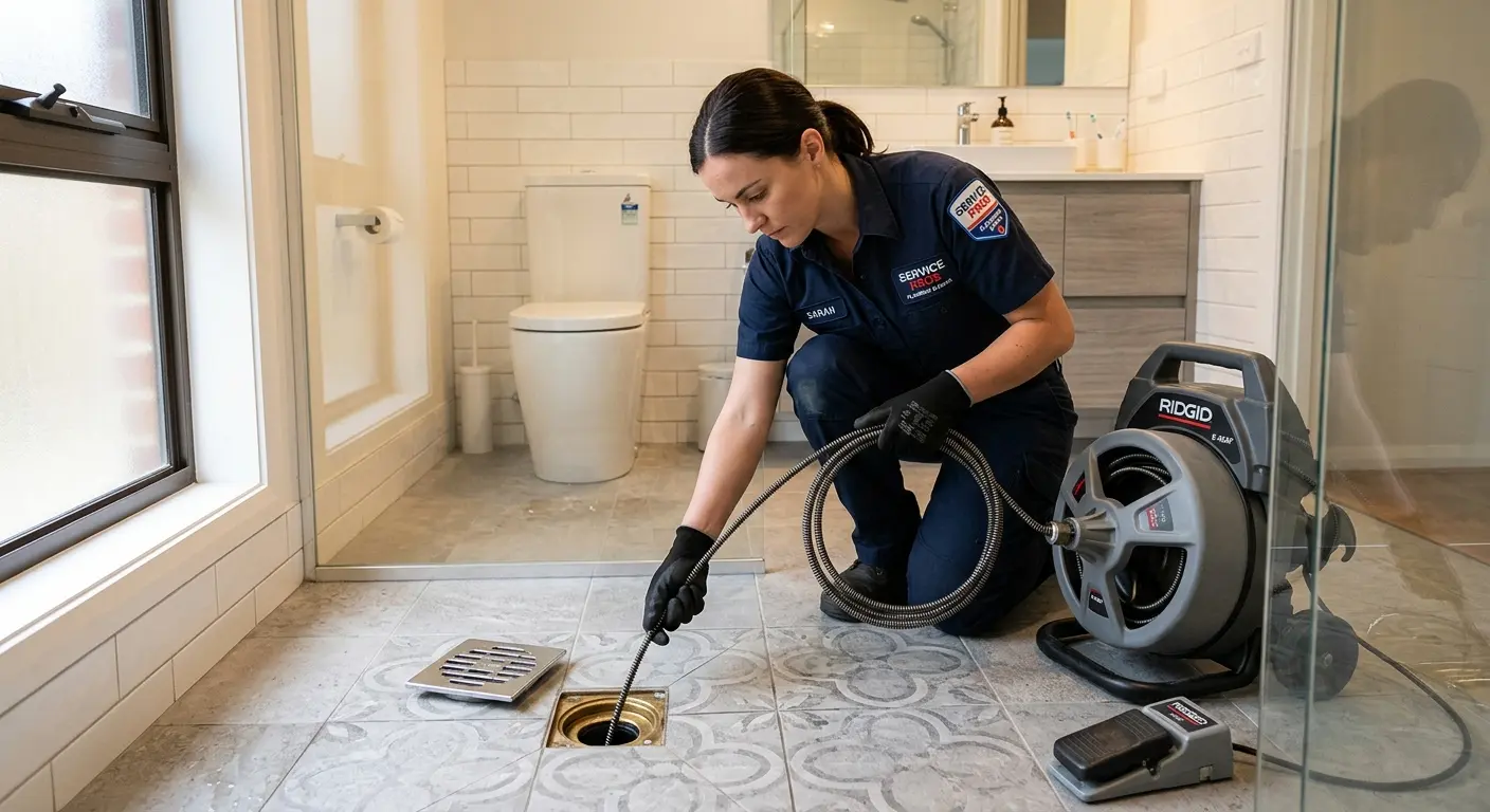 Technician clearing a bathroom floor drain for Sewer Line Replacement in Navasota